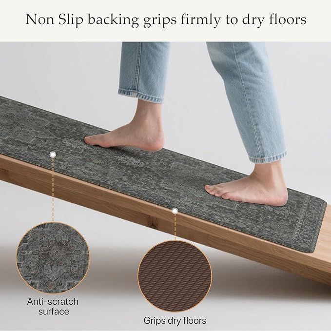 GENIMO Kitchen Mats for Floor 2PCs, Washable Anti Fatigue Mat for Cushioned, 17.3"x47"+17.3"x30", Waterproof Kitchen Rugs, Non Slip Comfort Standing Mat Rug for Home, Sink, Laundry, Dusky Green