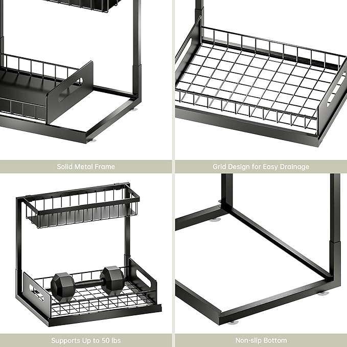 Under Kitchen Sink Organizer 2 Tier, Pull Out Bathroom Sink Organizers and Storage, Cabinet Kitchen Bathroom Storage Organization Shelf, 1 Pack Black