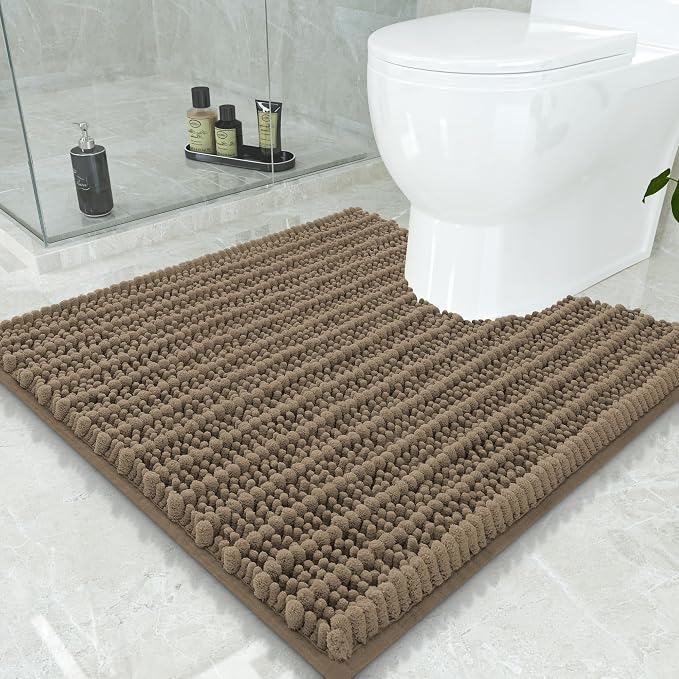 Smiry Bathroom Toilet Rugs U Shaped 24x24, Extra Soft Absorbent Non Slip Rubber Backing Chenille Contour Bath Rugs for Toilet, Machine Washable Contoured Bath Mats, Camel