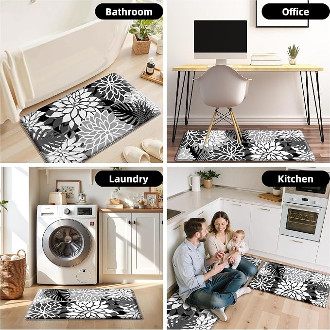 Arenarug Kitchen Mats for Floor 2PCS Cushioned Anti Fatigue Kitchen Mats Waterproof Non Slip Kitchen Mat Rug Set Comfort Foam Standing Mat for Sink, Laundry, Office, Black White