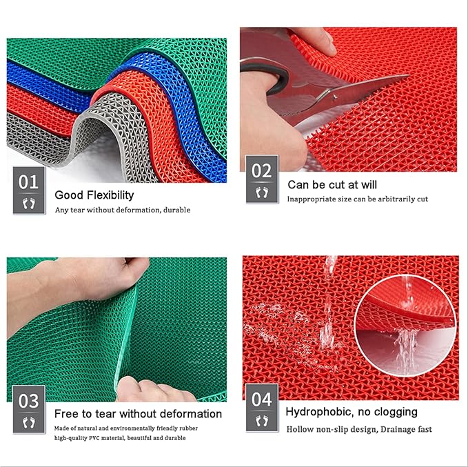 Drainage Non Slip Mats 3'x3.3' Heavy Duty Commercial Floor Mat Mesh Hollow Door Mat Roll for Swimming Pool Bathroom Kitchen Garage Indoor Outdoor Wet Area,Gray/Grey,0.9×1M/3×3.3FT
