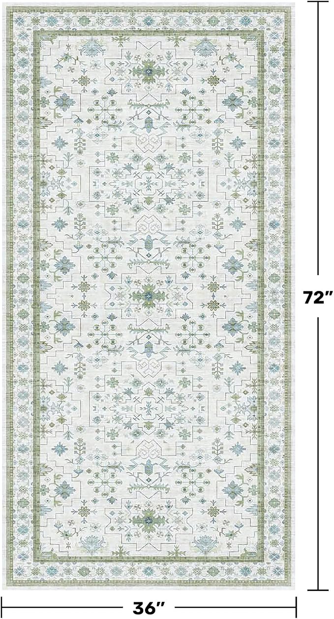 Hazo Haus Blue and Green Washable Rugs 3x6 - Vintage Boho Floral Pastel Cream, Washable Low Pile Non Slip Small Throw Accent Area Rug for Entry Way, Laudry Room, Kitchen, Bedroom Beside Bed Decor
