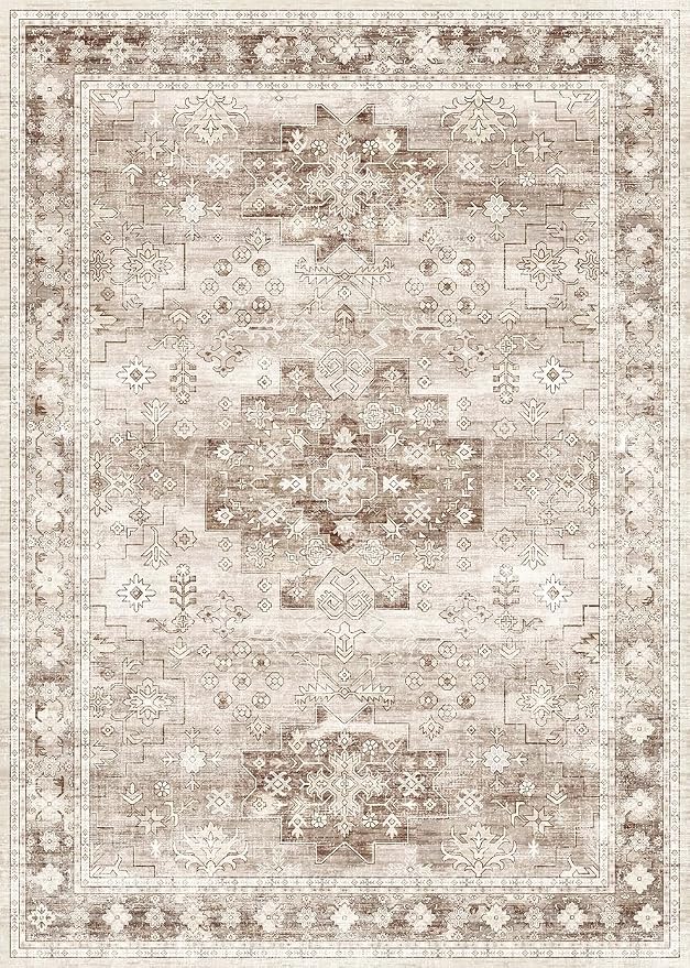 Washable Farmhouse Living Room Rug, 10x14 Area Rugs for Bedroom, Dining Room Under Table Carpet, Kids Room, Extra Large Boho Vintage Non-Slip Rugs Low Pile Stain Resistant (10x14 Beige/Latte)