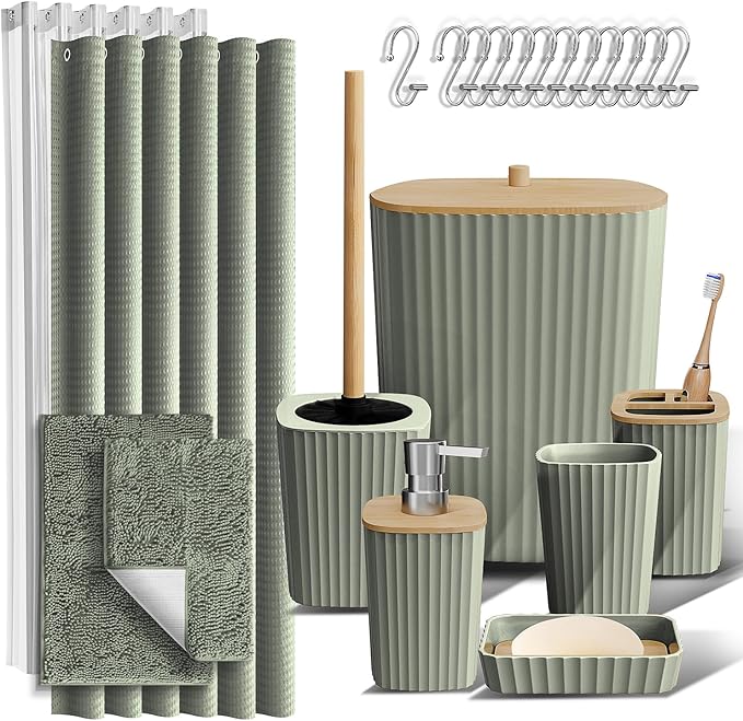Clara Clark Bathroom Accessories Set - Bathroom Set, Bathroom Sets with Shower Curtain and Rugs, Shower Curtain Set with Trah Can - Sage Green - 22PC