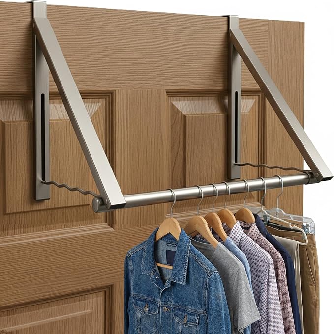 HOLDN’ STORAGE Over The Door Hanger - Foldable Rack Organizer for Hanging Clothes, Coats & Towels, Ideal for Dorm Rooms, Laundry, Bathrooms, Etc - Holds up to 35 LBs, Collapsible - Satin Nickel