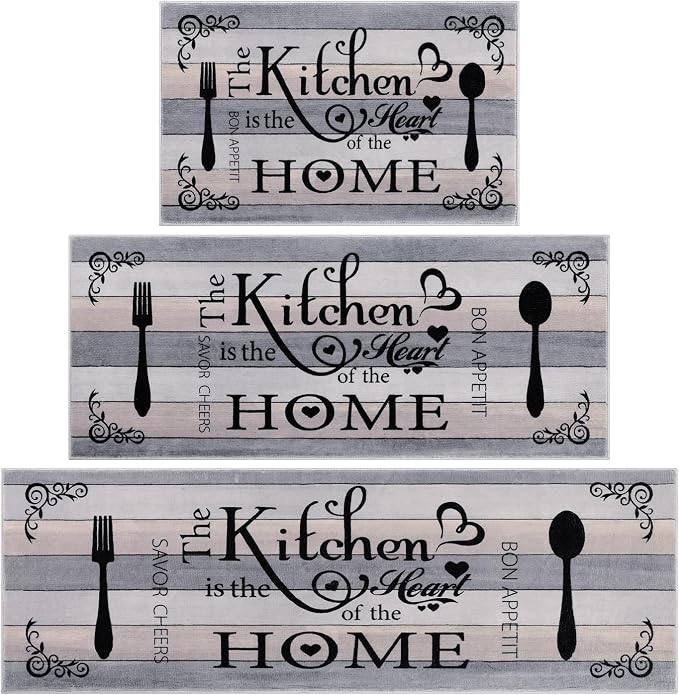 Vaukki Boho Kitchen Rug Sets 3 Pieces, Washable Kitchen Mats for Floor, Non Slip Soft Kitchen Area Rug Floor Mat for Kitchen, Laundry Room and Hallway (Grey and Beige, 20''x32''+20''x47''+20''x59'')
