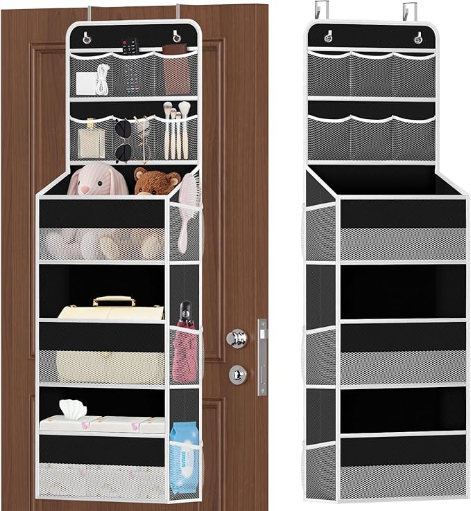 SpaceHacks 5-Tier Over the Door Organizer with Mesh Pockets, Baby Nursery Storage for Closet, Bathroom and Bedroom, Adjustable Hanging Closet Organizer for Cosmetics, Books and Essentials (Black)