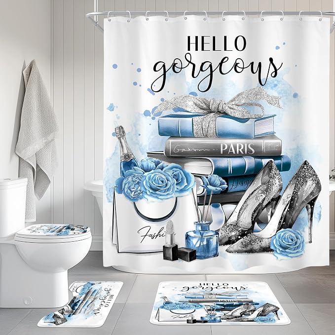 4Pcs Girly Blue Shower Curtain Set, Silver Grey Fashion Women Bathroom Curtain with Rug, Toilet Lid Cover, Bath Mat, Flower Perfume Black White Striped High Heels Shower Curtain with 12 Hooks