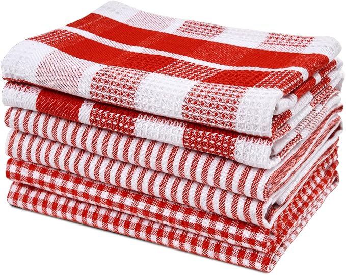 LANE LINEN Cotton Dish Towels for Drying Dishes - 6 Pack Soft Absorbent Kitchen Dish Cloths for Drying Dishes, Multi Purpose Kitchen Towel for Cleaning & Drying, 12"x12" - Christmas Red