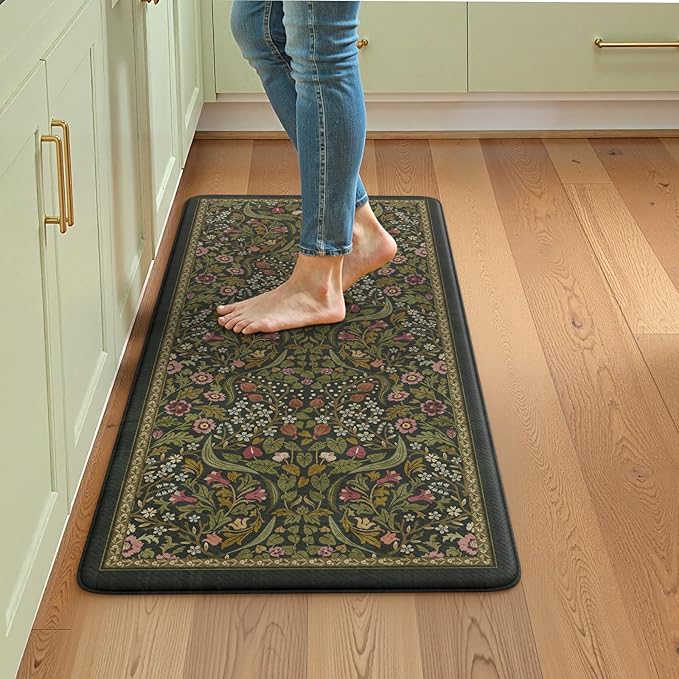Collive Kitchen Mats for Floor, Cushioned Anti Fatigue Mat Non Slip Waterproof Kitchens Sink Rug, Green Vintage Floral Rugs Comfort Standing Mat for Laundry, Desk, Bar, Office, 20"x39"