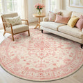 RELEANY Area Rugs Round 6ft Washable Non-Slip, Floral Vintage Distress Medallion Carpet for Living Room Bedroom Dining Room, Pink Light Vintage Pink