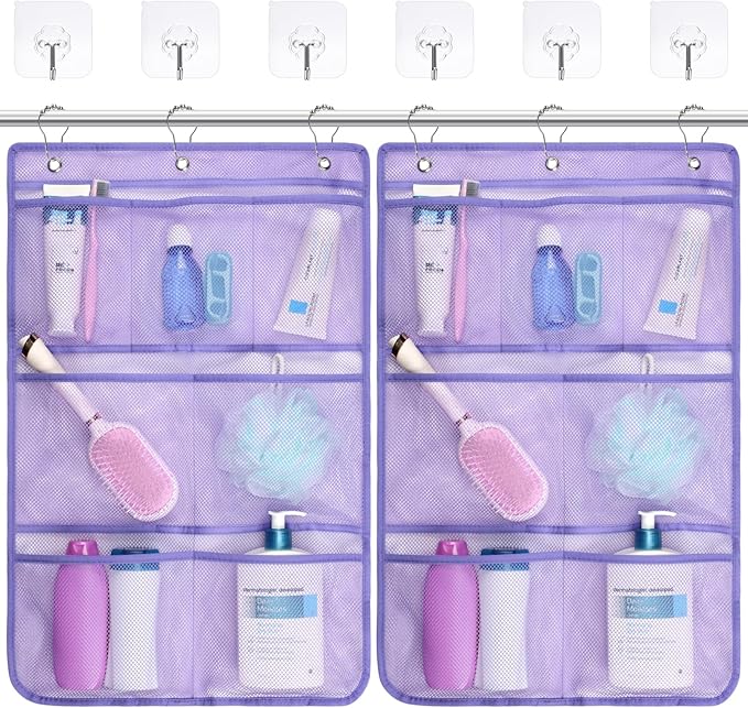 F-color Cruise Essentials 2026 - Mesh Shower Organizer Hanging with 7 Pockets for RV Gym Camping, Quick-Dry Portable Toiletry Bag with Metal Hooks for Bathroom Travel Toiletries, Purple+Purple