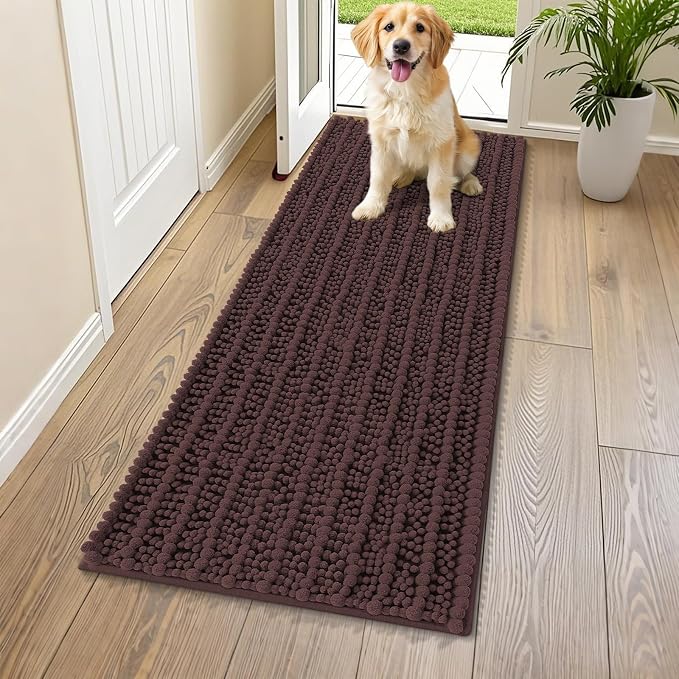 Smiry Dog Door Mat for Muddy Paws 59x24, Absorbent Dirt Trapper, Non-Slip Washable Chenille Entryway Rug for Inside Floor, Brown, Layered Pattern