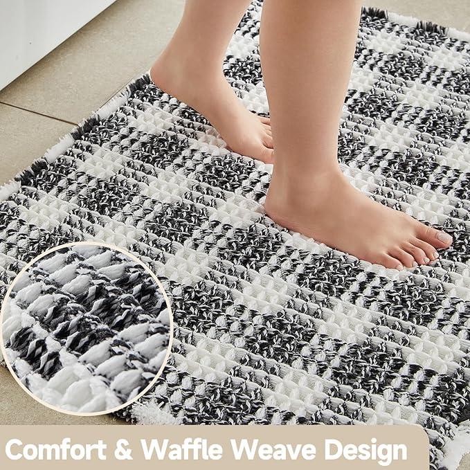 TYUU Waffle Runner Rug Bathroom, Long Boho Bathroom Rugs Non Slip Washable Absorbent Checkered Bathroom Mat Quick Dry Farmhouse Bath Mat, 72"x24" Black and White