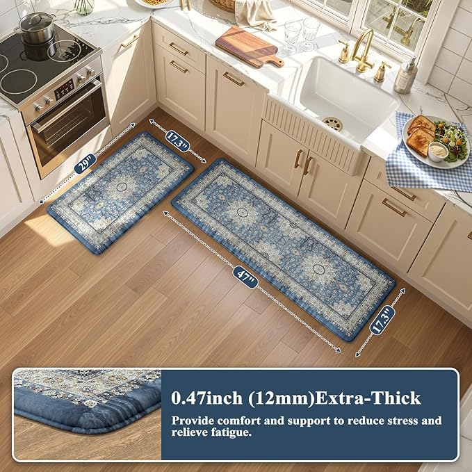 Collive Boho Kitchen Mat, Cushioned Anti Fatigue Kitchen Rug Set 2 Piece Non-Skid Waterproof Kitchen Mats for Floor, Comfort Heavy Duty Standing Mat for Kitchen, Laundry, Office, Desk