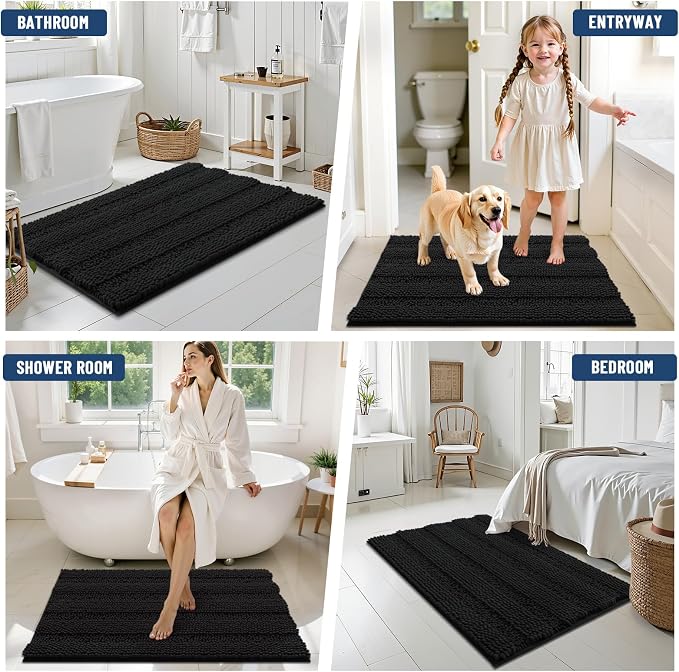 Grandaily Chenille Striped Bathroom Rugs 59x24, Extra Thick and Soft Absorbent Bath Mats, Rubber Backing, Plush Shaggy Shower Carpet, Machine Wash Dry, Bath Rug for Bathroom, Deep Black