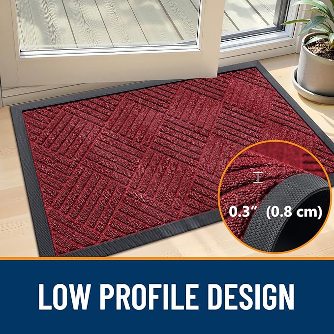 OLANLY Front Door Mat Outside Entrance 33x21, Absorbent, Heavy Duty Sturdy Natural Rubber Doormat Indoor Outdoor, Stain Fade Resistant, Non-Slip Low Profile Floor Mat for Entryway, Black Red Diamond
