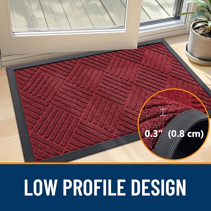 OLANLY Front Door Mat Outside Entrance 35x23, Absorbent, Heavy Duty Sturdy Natural Rubber Doormat Indoor Outdoor, Stain Fade Resistant, Non-Slip Low Profile Floor Mat for Entryway, Black Red Diamond