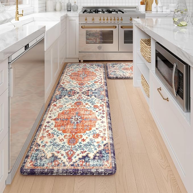 KIMODE Anti Fatigue Kitchen Mat, Boho Distressed Kitchen Rugs Sets of 2, Kitchen Floor Mats Non Slip Cushioned, Waterproof Standing Mat for Laundry, Office, Sink, Desk, Orange/Purple