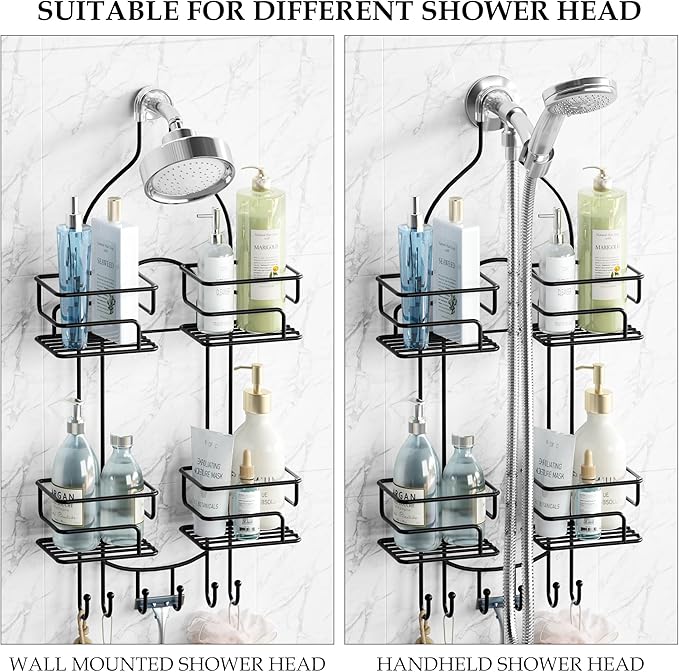 SRIWATANA Shower Caddy Hanging Over Head, Bathroom Shower Organizer Shower Rack Holder with Hooks for Razors - Black
