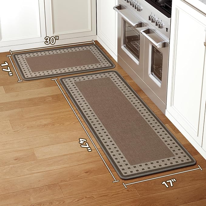 Kitchen Mats for Floor, 17''x30''+17''x47''Kitchen Rugs Set of 2, Washable Absorbent Kitchen Mat Non Slip, Braided Kitchen Runner Rug, Kitchen Sink Rug, Brown