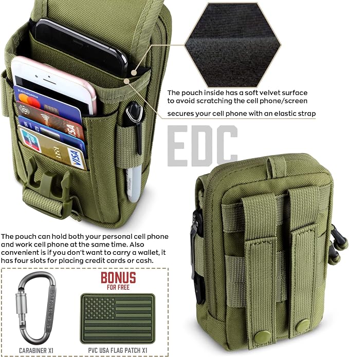WYNEX Tactical Compass Phone Pouch, Large Molle Smartphone Holster Case Double Capacity Small Utility EDC Pouch with Compass Buckle and Carabiner
