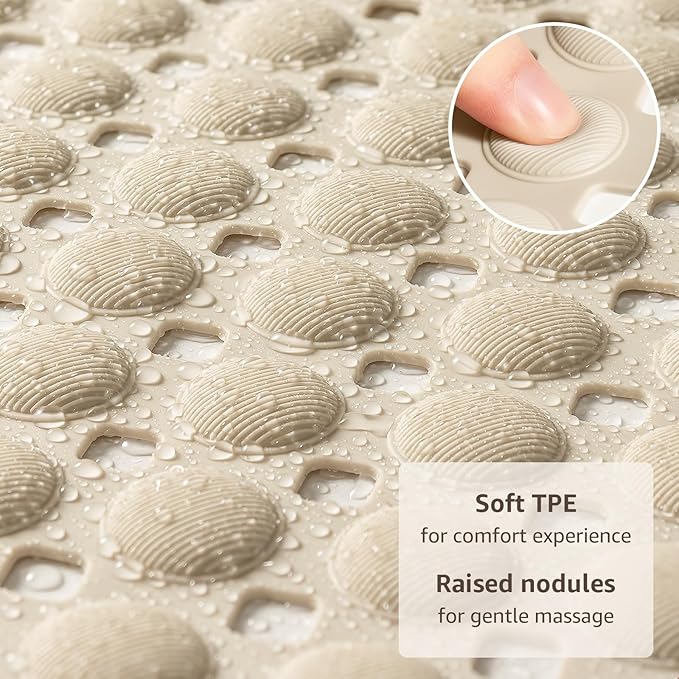 OTHWAY Bath Tub Shower Mat Non Slip, Bathtub Floor Liner Mats for Inside Shower Bathroom, Suction Cups and Drain Holes for Feet Scrubbing, Machine Washable, Soft on Feet, 35x16 Inch, Brown