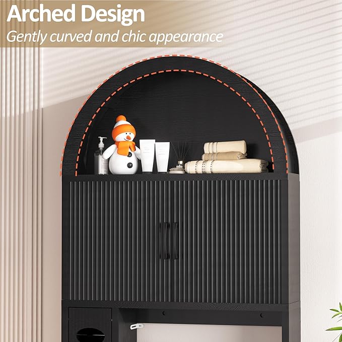 Spurgehom Over The Toilet Storage Cabinet, Bathroom Shelf Organizer Freestanding, Bathroom Arch Cabinet Over Toilet with Toilet Paper Holder and Anti-Tipping Device, Black