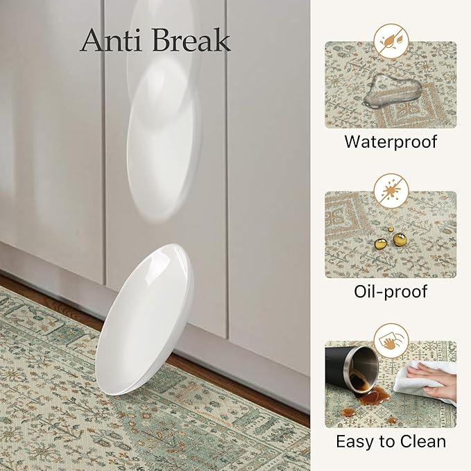 GENIMO Kitchen Mats for Floor 2PCs, Washable Anti Fatigue Mat for Cushioned, 17.3"x47"+17.3"x30", Waterproof Kitchen Rugs, Non Slip Comfort Standing Mat Rug for Home, Sink, Laundry, Vintage Green