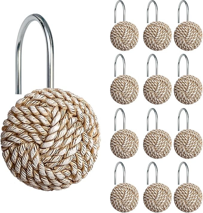 Sunlit Boho Knots Shower Curtain Hooks, Home Decorative Shower Curtain Rings for Bathroom, Seaside Nautical Shower Curtain Hangers Bathroom Accessories, Set of 12