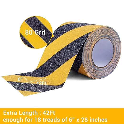 Anti Slip Tape, 6 Inch x 42 Ft Grip Tape for Stairs Outdoor/Indoor, Waterproof Non Skid Roll for Stair Treads Non Slip, High Traction Friction Abrasive Adhesive Stair Steps, Caution Yellow/Black