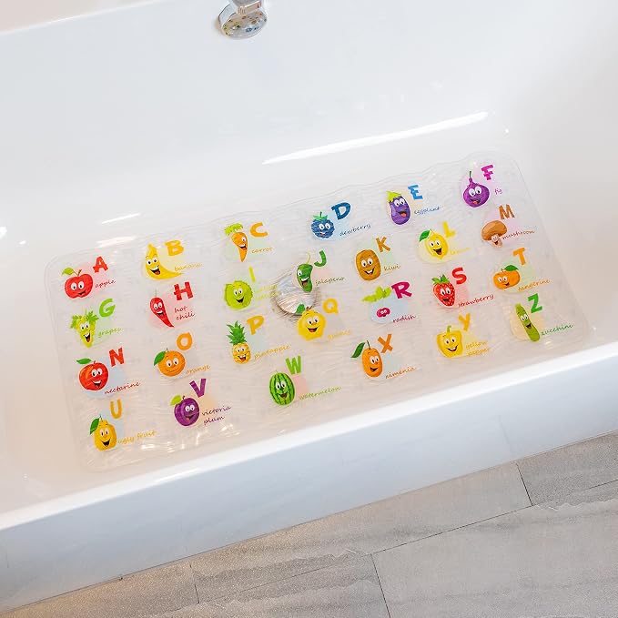 BEEHOMEE Polyvinyl Chloride (PVC) Bath Mat, Alphabet, Square, XL Size, 35x16 inch, Textured Pattern, Suction Cups - Bath Mats for Tub Kids