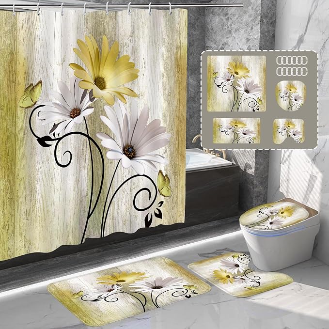 Onalasyc 4PCS Yellow Daisy Flowers Butterfly Shower Curtain Set with Shower Curtain and Carpet and Accessories, Waterproof Bathroom Shower Curtain Decorative Set with 12 pcs Hooks,71 x 71in
