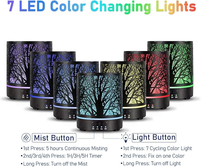 EQUSUPRO Essential Oil Diffuser 300ml Metal Electric Ultrasonic Diffuser for Large Room with Auto Shut-Off, 4 Timer Setting &7 Colors Night Light for Home