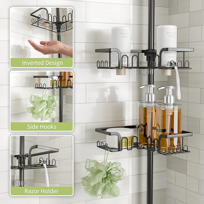 Corner Shower Caddy Tension Pole Adjustable 30.6-127.2 Inch, 4-Tier Rustproof Shower Organizer Shelf Rack, No-Drill Installation Bathroom Storage Shower Caddy Corner Pole, Black
