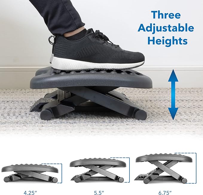 Mount-It! Under Desk Footrest with Foot Pedal Height Adjustment (4.25"–6.75"), Adjustable 30° Tilt Ergonomic Office Foot Rest, Non Slip Massage Surface Foot Stool Under Desk