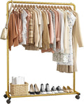 Sakugi Clothes Rack - Clothing Rack with Storage Mesh Shelf & Casters, Heavy-Duty Metal Clothing Rack for Hanging Clothes, Dresses, Coats, Large Load Capacity, Easy Assembly, Gold, 44.3"x16.9"x59.0"