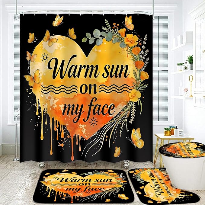 LQCOOL 4Pcs Black Orange Shower Curtain Set, Summer Bathroom Sets, Waterproof Bathroom Sets with Shower Curtain and Rugs, Shower Curtain with 12 Hooks