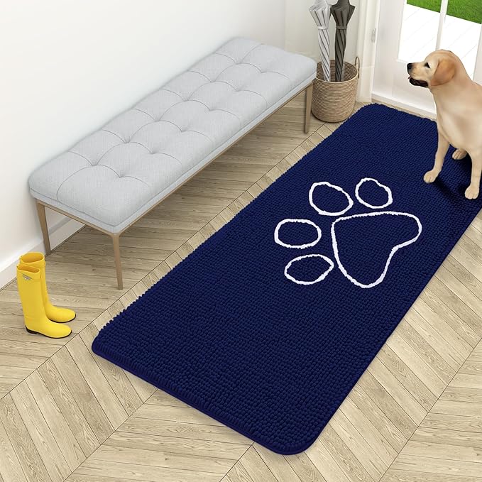 OLANLY Dog Door Mat for Muddy Paws 54x24, Paw Print Design, Absorbs Moisture and Dirt, Absorbent Non-Slip Washable Doormat, Quick Dry Chenille Mud Mat for Dogs, Entry Indoor Entryway Carpet, Navy Blue