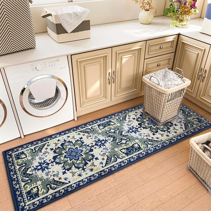 AREDO Runner Rug with Non Slip Rubber Backing, Washable Soft Floor Carpet for Kitchen, Hallway, Entryway Indoor, Bedroom, Laundry, Low Pile Area Rugs, Geometric Floral, Blue Pattern, 2' * 6'
