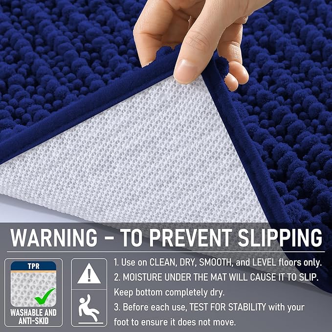 OLANLY Bathroom Rug Mat 40x32, Thick Soft and Absorbent Chenille Bath Mat, Non-Slip Rubber Backing, Machine Washable Quick Dry Bath Rugs for Tub Shower Floor, Home Decor Accessories, Navy Blue