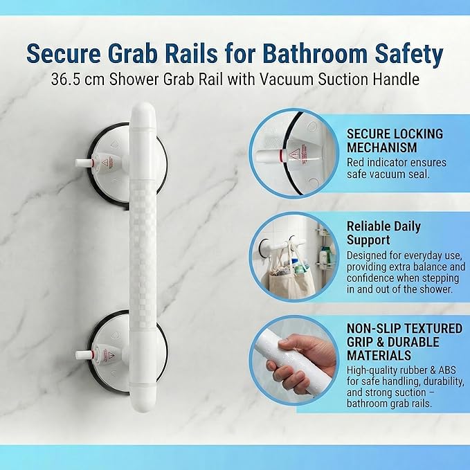 Magicbox Grab Bars for Bathtub for Seniors, 2 Pack 14.4 Inch No Drilling Shower Grab Bar with Vacuum Suction, Red Line Warning, Bathroom Safety Handle for Elderly Parents