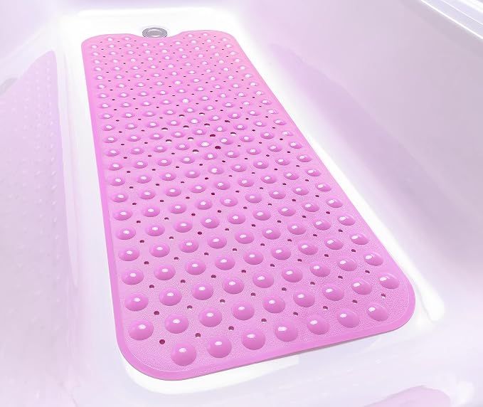 Extra-Long Non-Slip Bathtub & Shower Mat 39”x16” (Smooth/Non-Textured Tubs Only) Safe, Clean, Machine-Washable, Superior Grip&Drainage, Vinyl, Opaque Pink