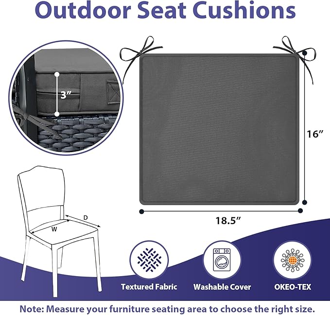 IPYNBAP Outdoor Chair Cushions Set of 4 -Waterproof Outdoor Seat Cushions for Patio Furniture, Patio Chair Cushion with Handle and Ties, Out Door Chair Pads,18.5x16x3-Square, Darkgrey
