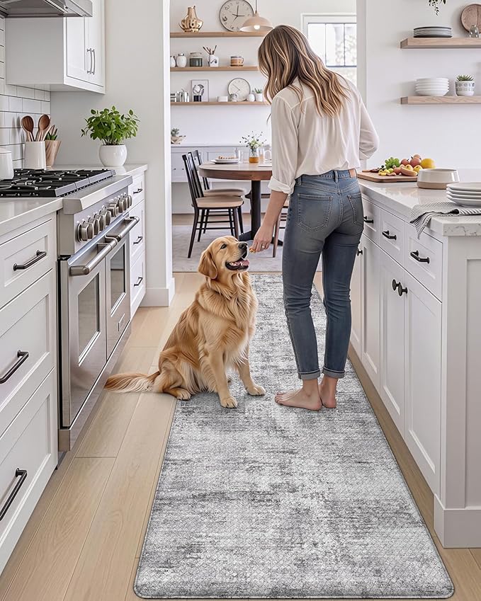 DEXI Kitchen Mats Cushioned Anti Fatigue, 23x86 Floor Padded Runner Rug Non Slip, Waterproof Standing Comfort Memory Foam for Front Sink Laundry, Dark Grey