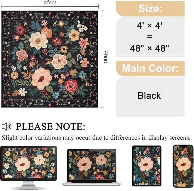 DUKINO 4x4 Square Area Rug, Floral Indoor Floor Washable Entryway Rug with Low Pile Design, Boho Non Slip Thin Doormat Carpet for Kitchen, Bedroom, Living Room, Office, Kids Playroom, Black