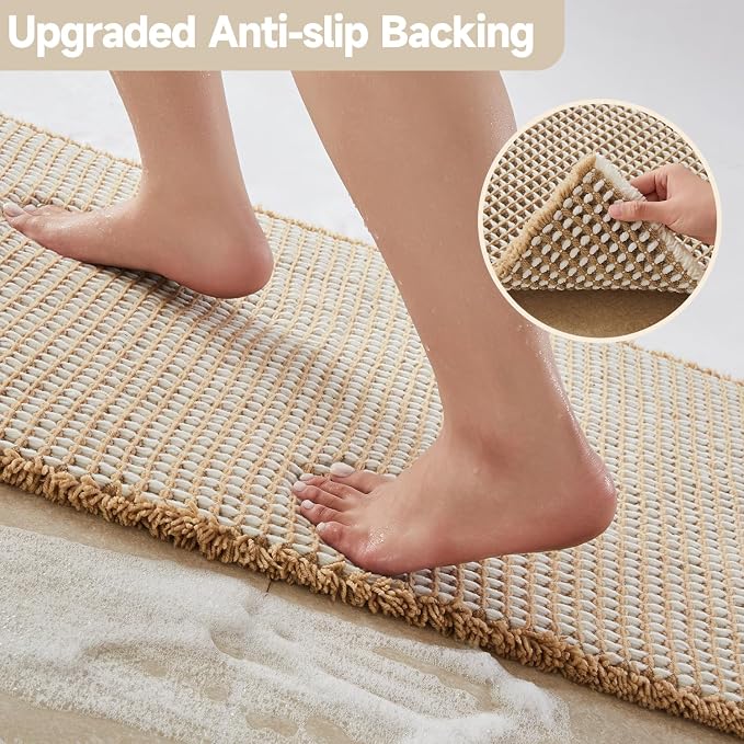 TYUU Waffle Bath Mat, Boho Bathroom Rugs Non Slip Washable Super Absorbent Quick Dry Bath Mat Farmhouse Bathroom Decor, 48"x24" Khaki and White