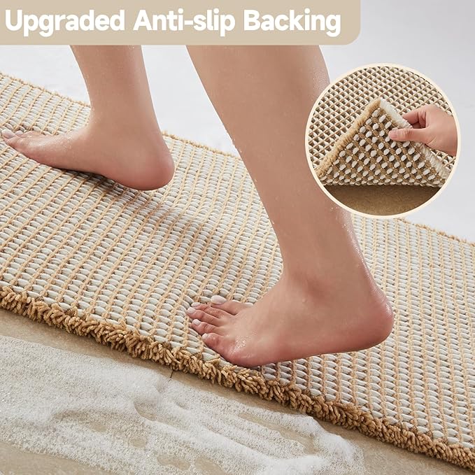TYUU Waffle Runner Rug Bathroom, Long Boho Bathroom Rugs Non Slip Washable Super Absorbent Quick Dry Farmhouse Bath Decor, 60"x24" Khaki and White