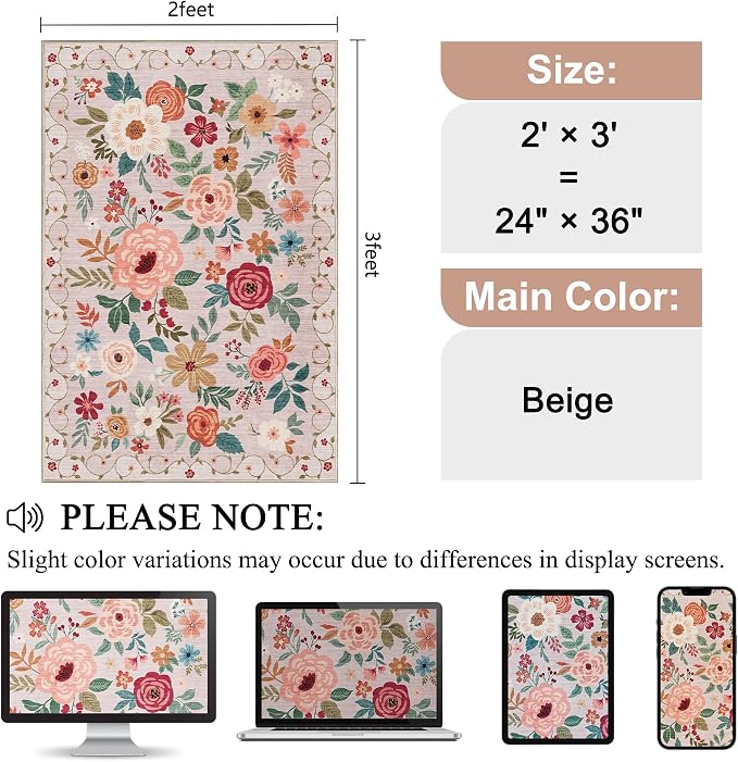 DUKINO 2x3 Rugs for Entryway, Floral Indoor Washable Door Mat, Non Slip Boho Small Rug for Kitchen, Soft Low Pile Front Door Throw Rug for Entrance, Bedroom, Kitchen, Laundry, Bathroom, Beige