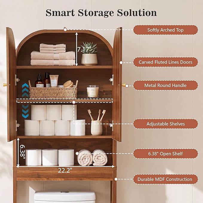 Over the Toilet Storage Cabinet, 70" Tall Bathroom Space Saver with Fluted Grooved Doors, Freestanding Over Toilet Organizer with Adjustable Shelves & Soft-Close Hinges for Small Bathrooms (Walnut)